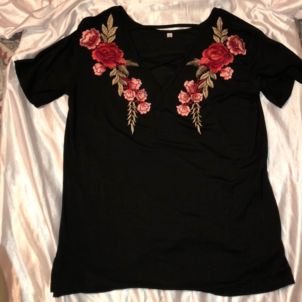 Black V Neck Rose Blouse